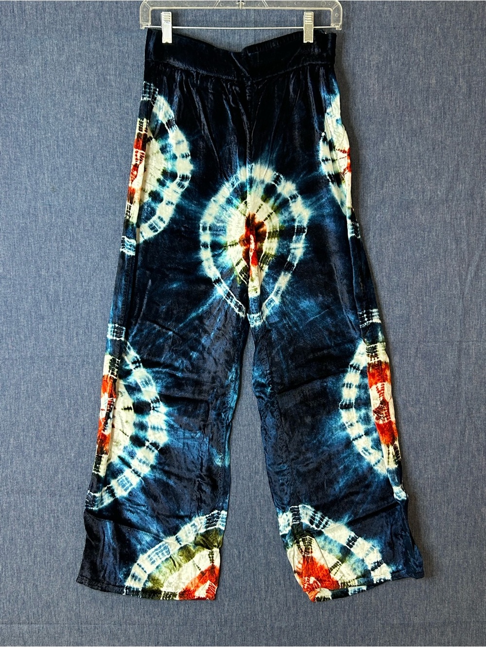 EARTHBOUND Navy Tie-Dye Wide Leg Velvet Pants with Multicolor Accents